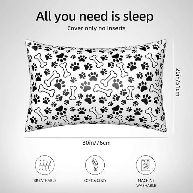 Silk Like Pillowcase for Hair and Skin Black Paw Prints and Bones 1 Pack Satin Pillowcase with Hidden Zipper Soft Breathable Smooth Cooling Pillow Cover Queen Size for Bedroom Sofa 20”x30”