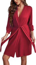 Ekouaer Women‘s Robes Lightweight 3/4 Sleeve Short Knit Bathrobe Soft Knee Length Sleepwear Robes with Pockets S-XXL