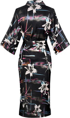 Valennia Women Long Silky Bathrobe Satin Kimono Robe Floral Printed Dressing Gown Sleepwear