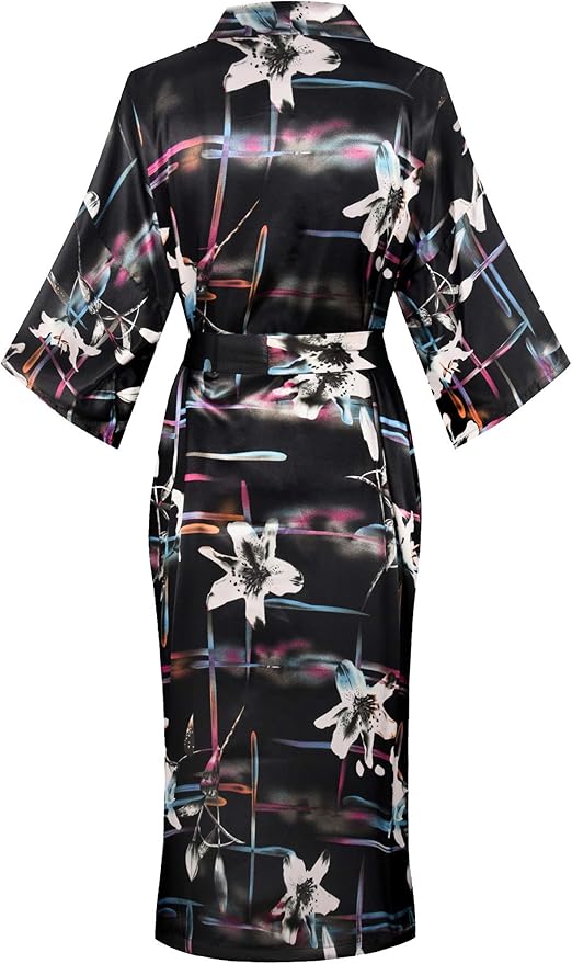 Valennia Women Long Silky Bathrobe Satin Kimono Robe Floral Printed Dressing Gown Sleepwear