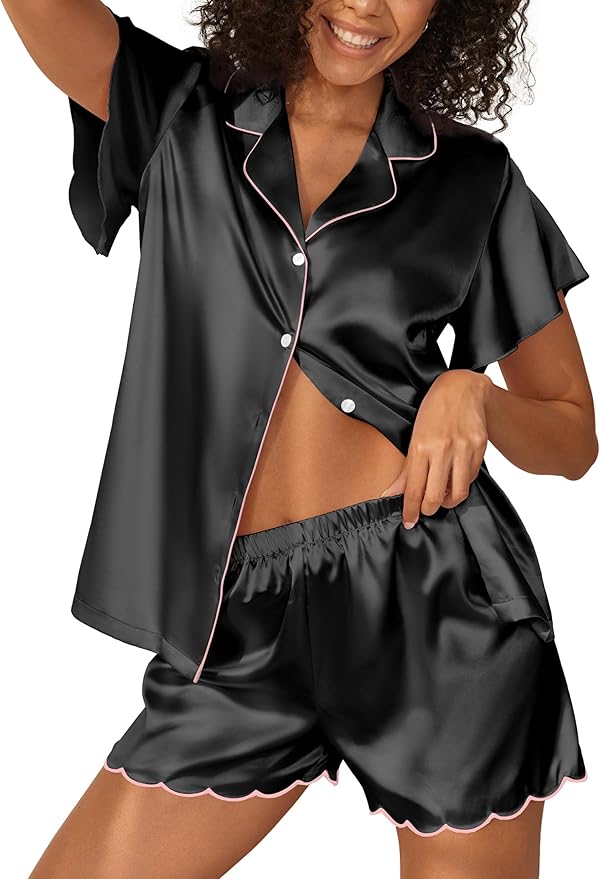 Ekouaer Women's Classic Button Down Ruffle Sleeves Short Satin Silk Pajama Set