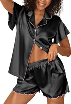 Ekouaer Women's Classic Button Down Ruffle Sleeves Short Satin Silk Pajama Set