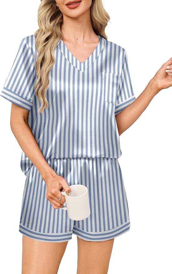 WIHOLL Silk Pajamas for Women Short Sleeve Sleepwear Soft Lounge Sets 2 Piece Satin Pjs