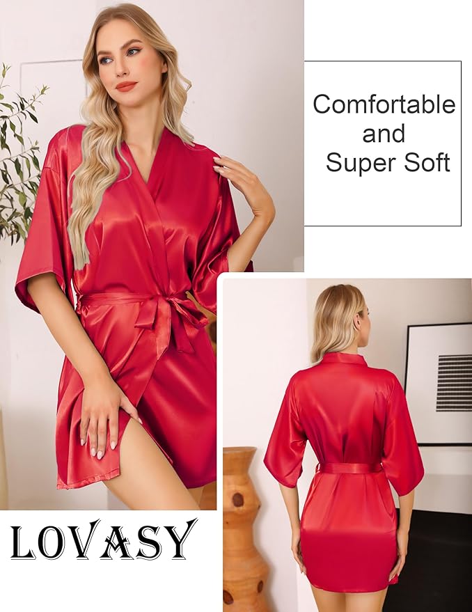 Lovasy Women's Satin Robes Silky Short Robe Lightweight Sleepwear Bride Bridesmaids Bathrobes Dressing Gowns Loungewear S-XXL