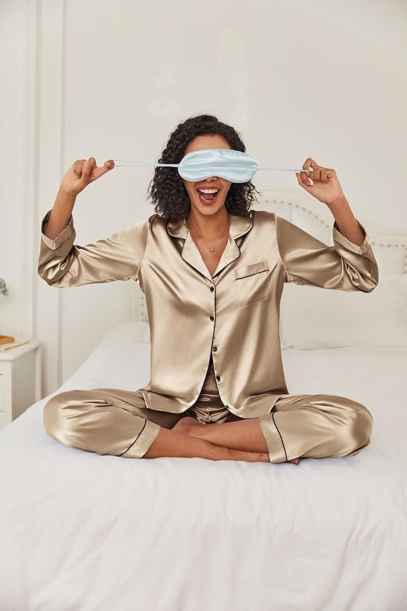 Ekouaer Women's Classic Button Down Long Satin Silk Pajama Set