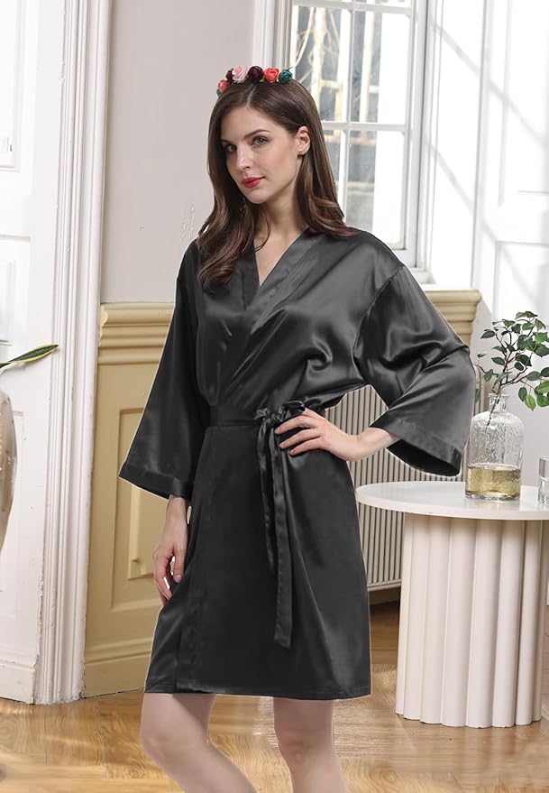 WJing Yi Jia Womens Satin Kimono Robe Silky Robes Floral Bathrobe Bride Bridesmaid Wedding Bridal Dressing Gown Loungewear
