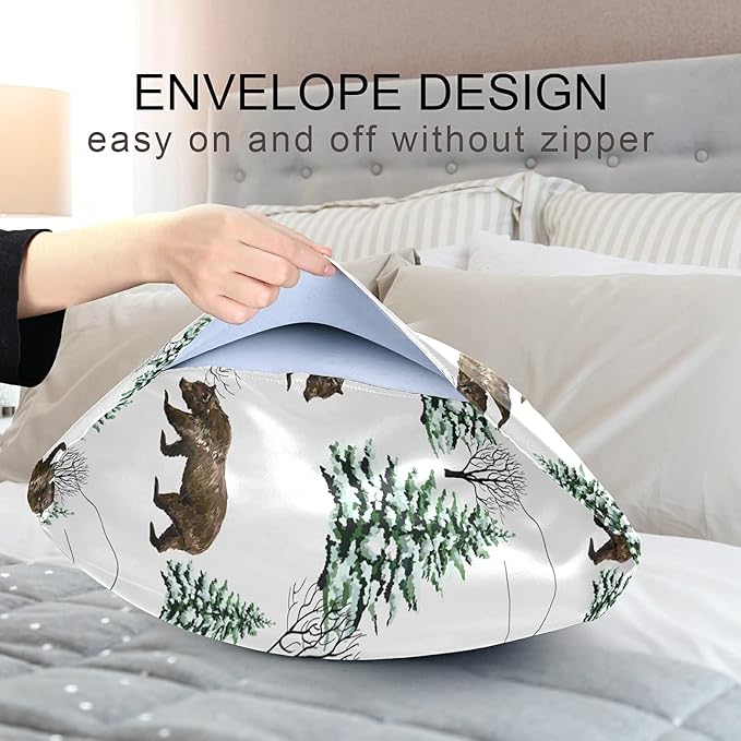 Bear Print Satin Pillowcase Queen Size, Winter Forest Silk Pillow Case with Envelope Closure, Satin Pillowcase for Hair and Skin, 20x30 inches, White, 1 PC