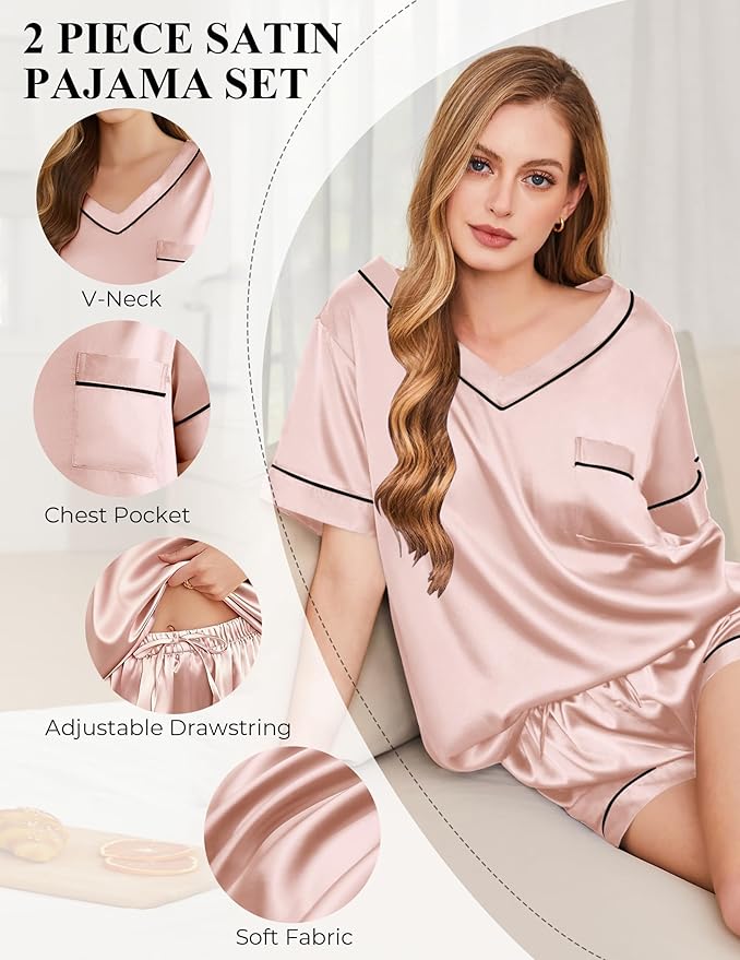 Silk Pajamas for Women Short Sleeve Satin 2 Piece Pj Set Soft V Neck Sleepwear Loungewear, S-XXL