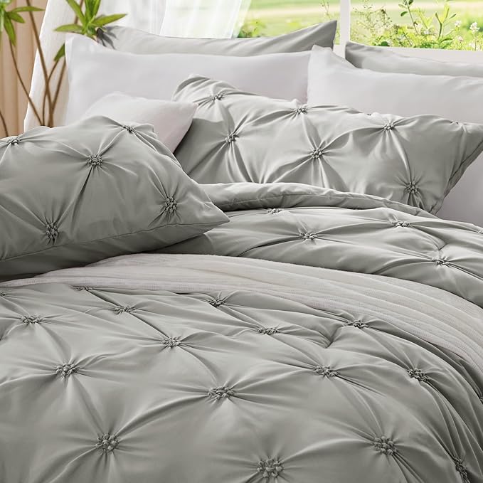 BEDELITE Grey King Size Comforter Set - 3 Pieces Boho Pintuck Bedding Comforter Sets, Lightweight Soft & Warm King Bedding Set with 2 Pillowcases for All Season