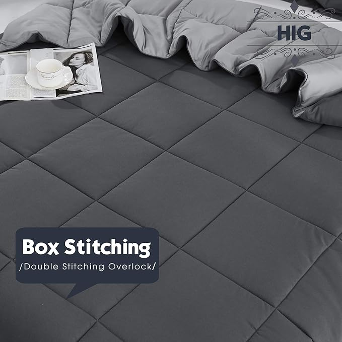 HIG 3 Pieces Grey California King Comforter Set, Modern Breathable Box Stitched Duvet Insert with 2 Shams, Soft Fluffy All Season Reversible Comforter Set Blanket with Corner Tabs for Bedroom