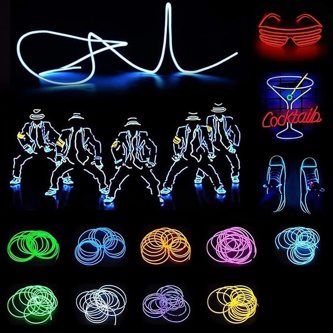 JIGUOOR EL Wire Battery Pack 16.4ft / 5m Bright Neon Light Strip 360° Illumination Neon Tube Rope Lights for DIY, Festival, Party Decoration, Pub, Halloween, Chrismas (16.4ft / 5m, Light Green)