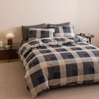 Luxlovery Gingham Navy Comforter Set Queen Checkered Bedding Set Men's Bedding Grid Bedding Set Fluffy Soft Cottagecore Khaki and Blue Blanket Quilts with 2 Pillowcases Queen Bed