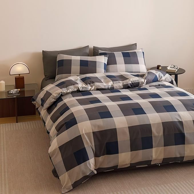 Luxlovery Checkered Navy Comforter Set Cal King Gingham Bedding Set Men's Bedding Grid Bedding Set Fluffy Soft Cottagecore Khaki and Blue Blanket Quilts with 2 Pillowcases California King Bed