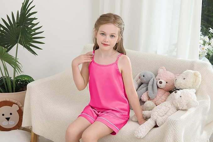 Weixinbuy Girls Pajamas Silk PJS Set Sleeveless Pajama Tank Elastic Waist Shorts Sleepwear Kids Summer Nightwear Clothes Set