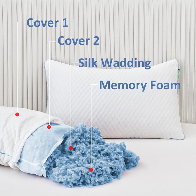 Shredded Memory Foam Pillows for Sleeping 2 Pack - Cooling Bed Pillows King Size Set of 2 - Firm Pillow for Side and Back Sleepers Adjustable Gel Pillow with Removable Cover