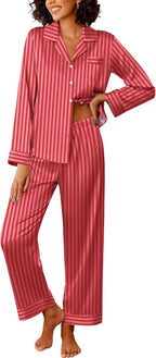 Ekouaer Womens Silk Satin Pajama Sets 2 Piece Sleepwear Pjs Set Long Sleeve Button Down Top and Pants Stripe Loungewear S-XXL