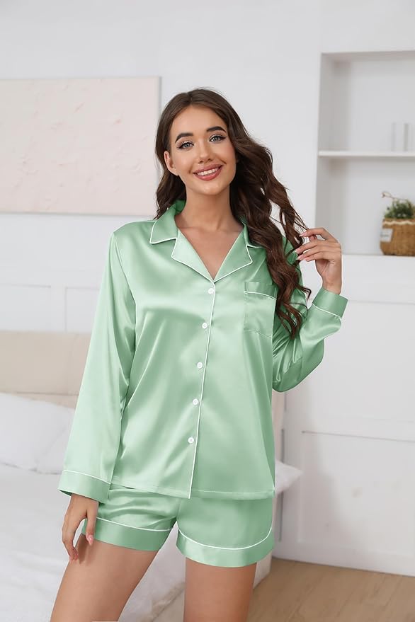 Ekouaer Satin Pajama Set for Women Button Down Pj Set Long Sleeve Top and Shorts 2 Piece Loungewear Summer Soft Sleepwear