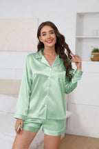 Ekouaer Satin Pajama Set for Women Button Down Pj Set Long Sleeve Top and Shorts 2 Piece Loungewear Summer Soft Sleepwear