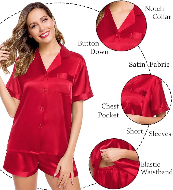 LecGee Womens Silk Satin Pajamas Short Sleeve Loungewear Two-Piece Sleepwear Button-Down Pj Set