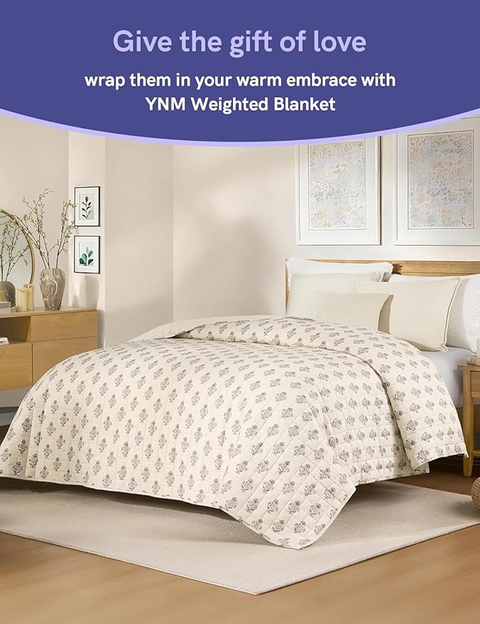 YnM 17lbs Weighted Blanket for Adults, Linen Heavy Bed Throw Blanket with Cooling Glass Beads for All Season Use, Ideal for ~160lbs (60x80 Inches, Queen, Damask)