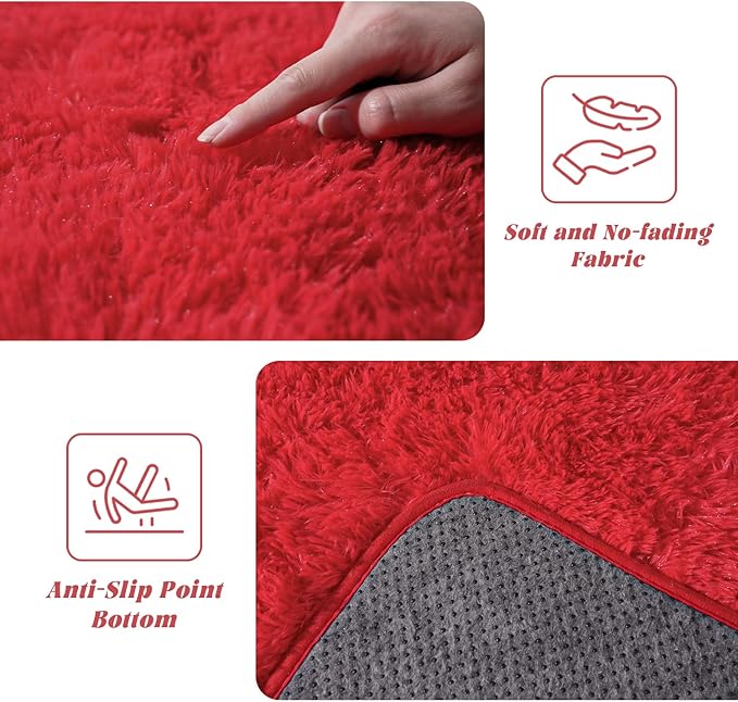Large Soft Fluffy Rugs for Living Room, 8x10 Feet, Red Faux Fur Area Rug - Plush Non-Slip Shag Shaggy Carpet for Bedroom, Kids Boys Girls Dorm Nursery Room