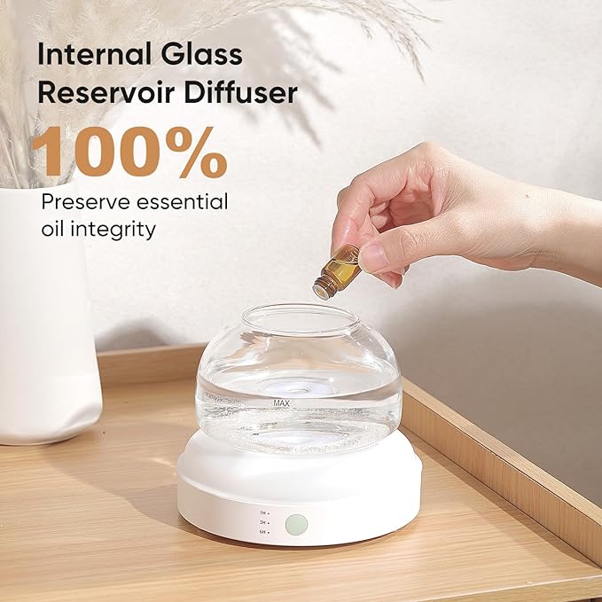 Lecdura Glass Essential Oil Diffuser, 200ml Ultrasonic Aroma Diffusers with Glass Reservoir Dome & White Plastic Base Lock Color Auto-Off Timer 7 Color Light for Home Office Bedroom Yoga