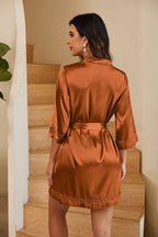 Ekouaer Women's Lace-Trim Silk Robes Bride Bridesmaid Kimono Satin Bathrobe V Neck Sleepwear with 3/4 Sleeve