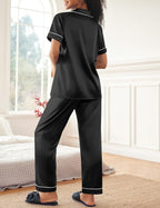 Ekouaer Womens Silky Satin Pajamas Set Short Sleeve Button Down Sleepwear 2 Piece Lounge Set Pj Set