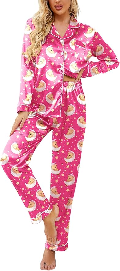 Ekouaer Women's Classic Button Down Long Satin Silk Pajama Set