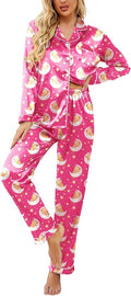 Ekouaer Women's Classic Button Down Long Satin Silk Pajama Set