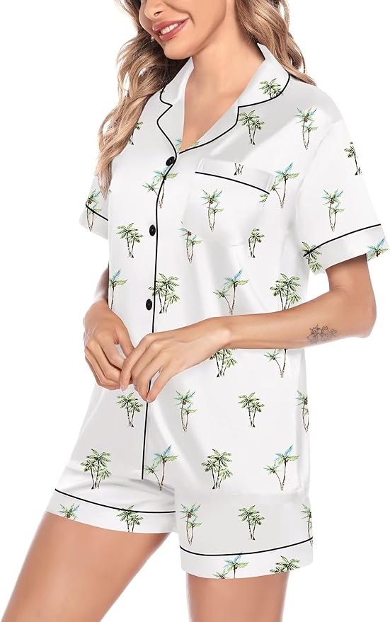SWOMOG Satin Matching Pajamas Sets Couple Silk Button Down Nightwear Women & Men Short Sleeve Sleepwear 2 Pieces Loungewear