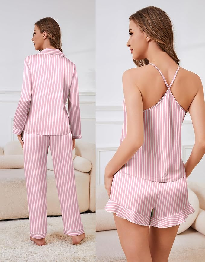 SAPJON Satin Silk Pajamas for Women Set 5PCS Classic Button Down Pajamas Top and Pants Cami and Ruffle Shorts Sleepwear