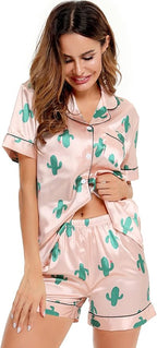 SWOMOG Womens Silk Satin Pajamas Set Short Sleeve Sleepwear Button Down Top and Shorts Loungewear 2 Piece Pjs Set XS-3XL
