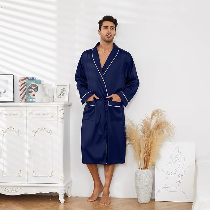 Vulcanodon Men’s Satin Robe Lightweight,Men's Luxurious Silk Kimono Bathrobe