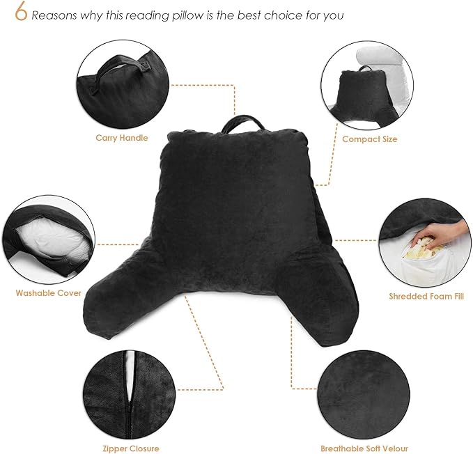 Clara Clark Reading Pillow with Shredded Memory Foam for Sitting Up in Bed and Couch, Back and Arms Adjustable Support for Adults & Teens Backrest Pillows for Reading, with Washable Cover Black