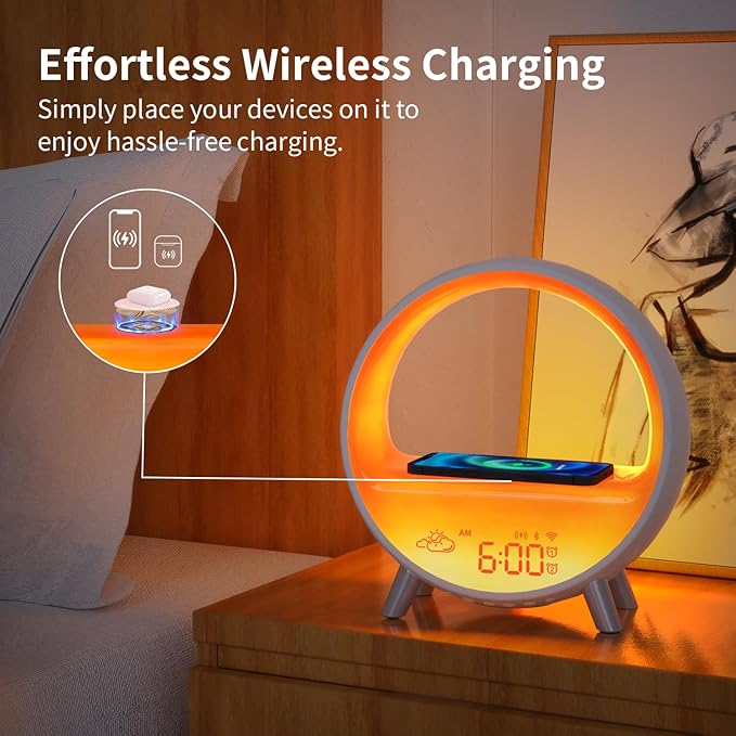 MOMILLA Smart Sunrise Alarm Clock with Wireless Charging, Wake up Light w/Bluetooth Speaker, APP Control White Noise Sound Machine, Compatible with Airpods/iPhone, Alarm Clocks for Bedrooms Adults