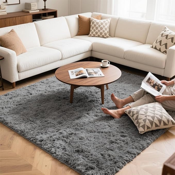 Light Grey Fluffy 8x10 Area Rug for Living Room, Plush Shag Rugs for Bedroom, Large Soft Furry Carpets for Kids Room, Modern Indoor Nursery Carpet for Classroom Dorm Cozy Comfy Home Decor