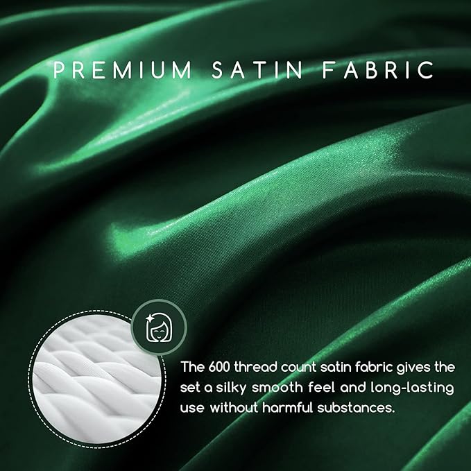 MR&HM Satin Bed Sheets, Full Size Sheets Set, 4 Pcs Silky Bedding Set with 15 Inches Deep Pocket for Mattress (Full, Dark Green)