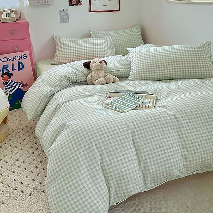 Nayoroom Green Gingham Duvet Cover Queen Size Plaid Checkered Duvet Cover Girls Dorm Bedding Set 3 Pieces Soft Lightweight Washed Microfiber Farmhouse Bedding with Pillowcases