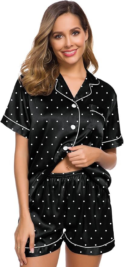 SWOMOG Womens Silk Satin Pajamas Set Short Sleeve Sleepwear Button Down Top and Shorts Loungewear 2 Piece Pjs Set XS-3XL