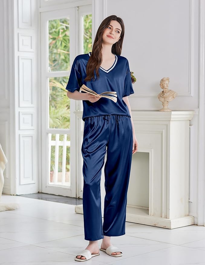 Ekouaer Satin Pajama Set for Women Short Sleeve Silky Pjs 2 Piece Lounge Sets Soft Comfy Sleepwear Loungewear S-XXL