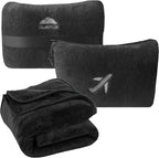 BlueHills Travel Blanket Pillow in Mini Soft Packable Case Premium Plush Airplane Blanket in Portable Compact Pack with Luggage Belt and Carabiner Long Flight Throw Essentials Lightweight- Black M05