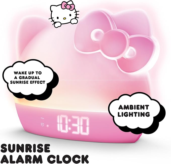 Hello Kitty Sunrise Alarm Clock with Color-Changing RGB LED Night Light – Ambient Lighting, Time/Date/Temperature Display, USB Powered w/Device Charging, Pink