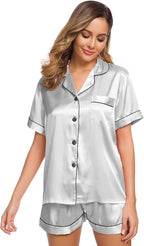 SWOMOG Womens Silk Satin Pajamas Set Short Sleeve Sleepwear Button Down Top and Shorts Loungewear 2 Piece Pjs Set XS-3XL