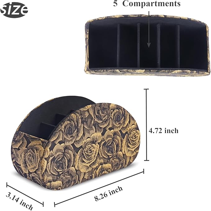 QIELIZI Remote Control Holder, PU Leather Remote Caddy Desktop Organizer with 5 Spacious Compartments for TV Remotes/Media Controllers/Office Supplies (1-3D Rose Yellow