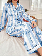 WDIRARA Women's 2 Piece Bowknot Print Satin Pajama Set Long Sleeve Button Down Lounge Pants Sleepwear Sets