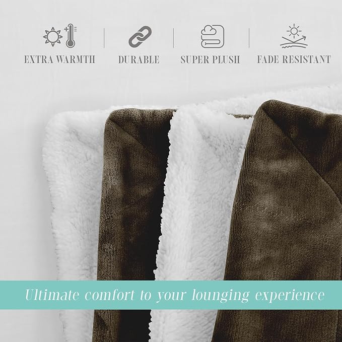 Elegant Comfort Throw Blanket, Reversible Sherpa Flannel, Ultra-Soft, Fuzzy, Cozy and Plush- All Season Lightweight Decorative Throw, 50 x 60 inches, Solid Sherpa Throw, Brown
