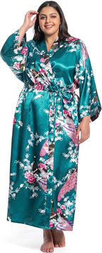 Women's Floral Long Satin Robes Plus Size Long Silk Robes Peacock Floral Kimonos Sleepwear Dressing Gown