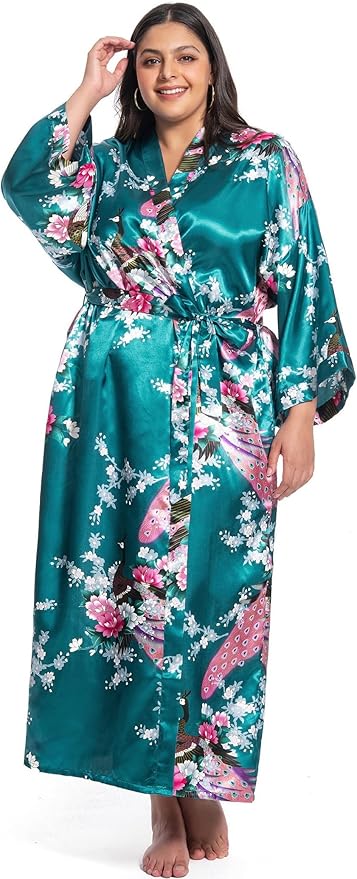 Women's Floral Long Satin Robes Plus Size Long Silk Robes Peacock Floral Kimonos Sleepwear Dressing Gown