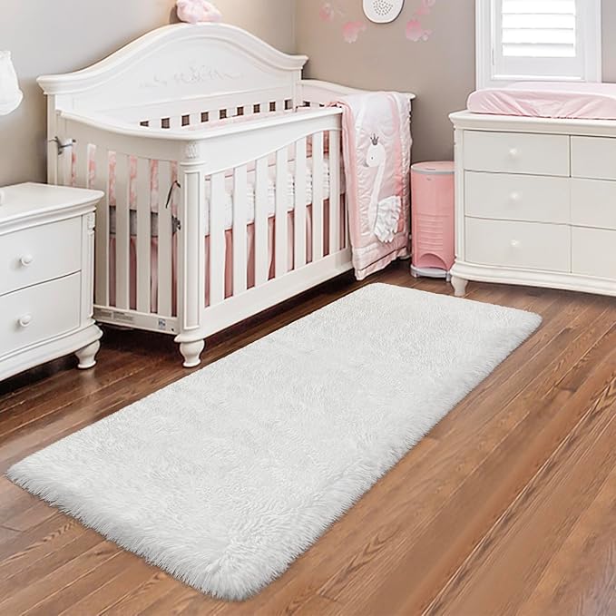 White Runner Rug for Bedroom 2x6 Fluffy Shaggy Rug Soft Plush Fuzzy Area Rug Bedside Runners for Hallway Kids Teens Baby Nursery Living Room with Non Slip Modern Indoor Decor Carpet